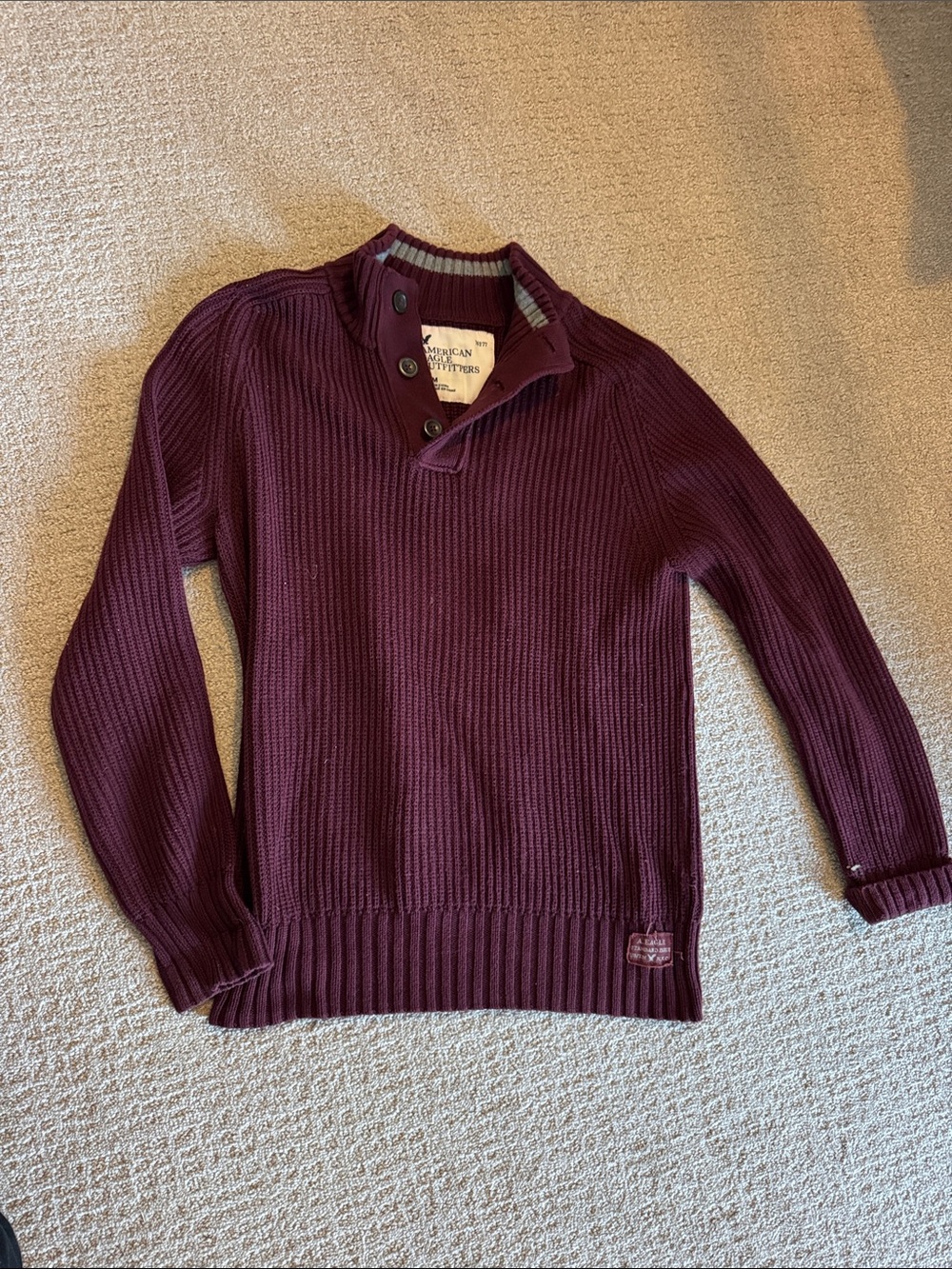 American Eagle Outfitters Men's Deep Maroon V-Neck Button Placket Sweater